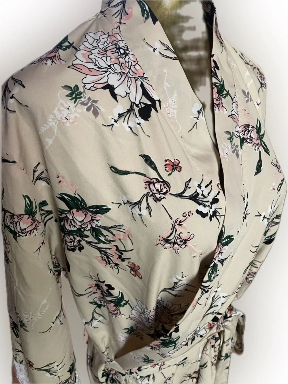 Beautiful Silken Floral Rose & Cream wrap robe with green accents, & lace trim